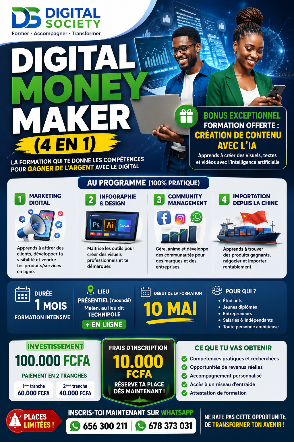 Formation Digital Money Maker 4 en 1 — Marketing Digital, Infographie, Community Management, Importation Chine